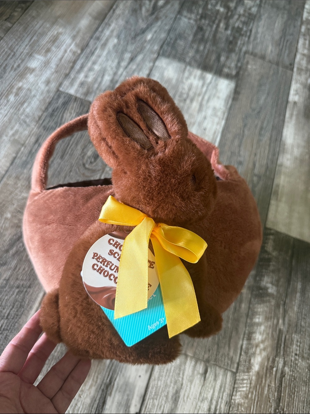 Plush Brown Bunny Basket with Yellow Satin Bow